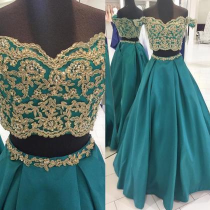 Emerald Green Two Pieces Prom Dresses Off Shoulder..