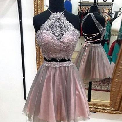 Silver Homecoming Dresses Two Pieces Halter Open..