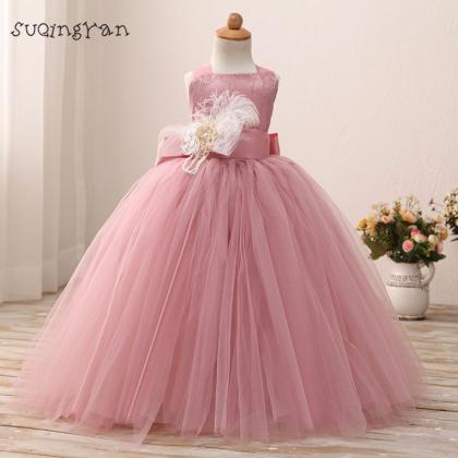 Feather Girl Pageant Dresses Lace Tulle Ball Gowns..