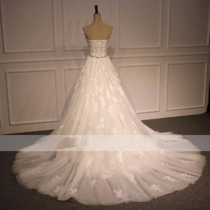 Detachable Train Strapless Wedding Dresses,lace..