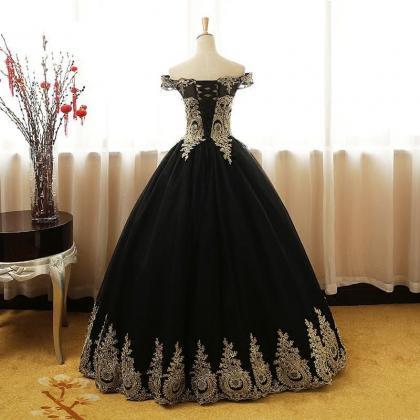Modest Black With Gold Embroidery Prom Dresses Ball Gown Quinceanera 2019 Off Shoulder Corset Back S on Luulla Modest Black With Gold Embroidery Prom Dresses Ball Gown Quinceanera 2019 Off Shoulder Corset Back S on Luulla
