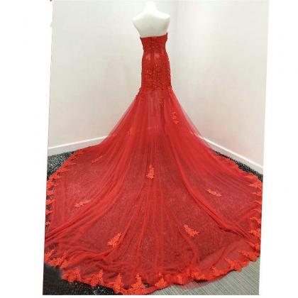 Red Lace Mermaid Evening Formal Dresses Strapless..