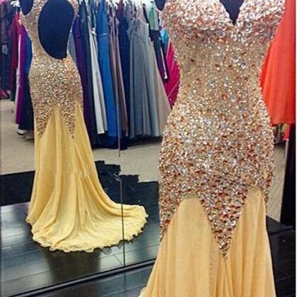 Luxury Gold Crystal Beaded Champagne Prom Dresses..