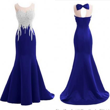 2017 Royal Blue Crop Neck Prom Dres..