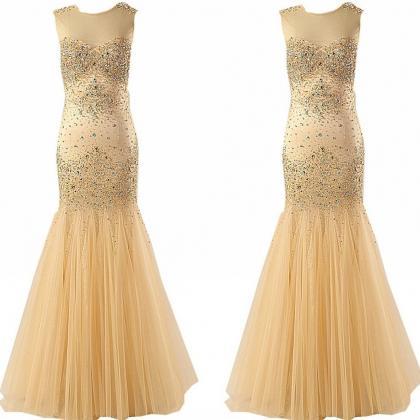Real Image Champagne Mermaid Tulle Prom Dresses..
