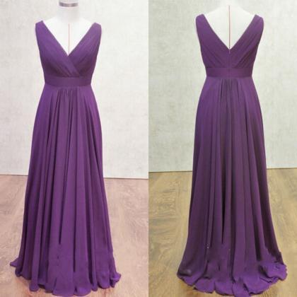 Purple V Neck Chiffon Bridesmaid Dresses Floor..