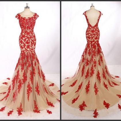 Red Mermaid Evening Dress Bateau Neck Capped..