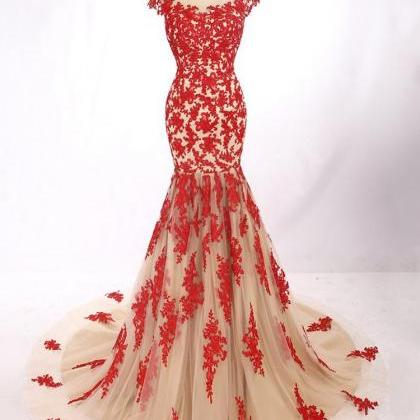 Red Mermaid Evening Dress Bateau Neck Capped..