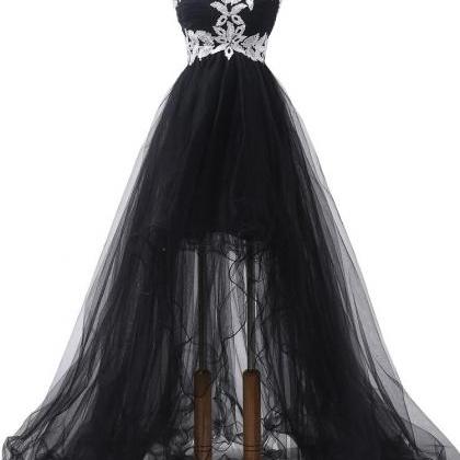 Black Strapless Tulle Prom Dress With High Low Hem And White Lace