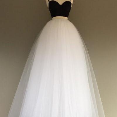 Two Pieces Party Dress Black And White Spaghetti Sweetheart Open Back Satin Tulle A-line Prom Dresses Evening Gowns 2018