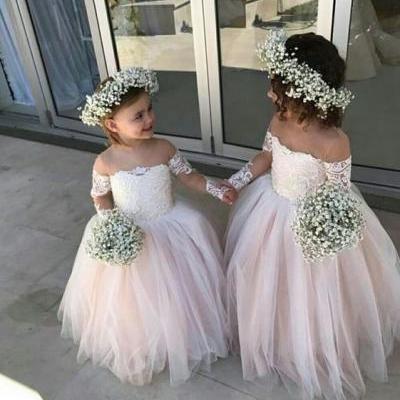 Blush Pink off Shoulder Flower Girl Dresses 2018 Illusion Long Sleeve Lace Applique Ball Gown Tulle Flower Girls Dress For Wedding 