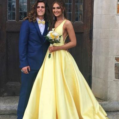 Yellow Prom Dresses,Prom Dress Ball Gown,V-neck Prom Gowns,Party Dresses Long,Cheap Prom Dress