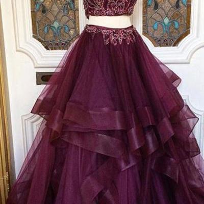 Two Piece Quinceanera Dresses,Beading Crystal Quinceanera Dress,Ruffled Skirt Quinceanera Prom Dress,Burgundy Graduation Dress
