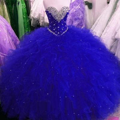 Royal Blue Quinceanera Dresses With Ruffles,Strapless Lace-up Prom Dresses Quinceanera,Crystal Beads Sequin Prom Dresses Ball Gowns