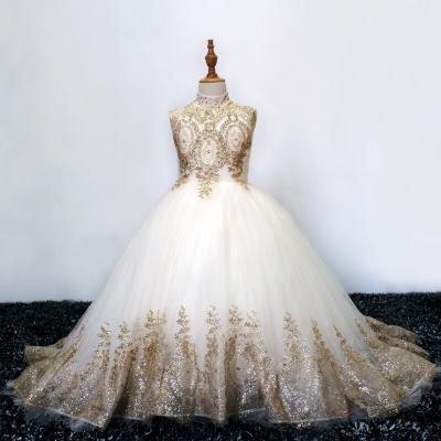 Champagne Gold Embroidery Beaded Applique Girls Pageant Dresses High Neck Princess Flower Girl Dresses For Wedding Graduation First Communion Dress