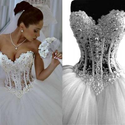 Vintage Wedding Dresses 2018 Sweetheart See Through Pearls Lace Tulle Ball Gown Wedding Bridal Dress Gowns Real Image Cheap 