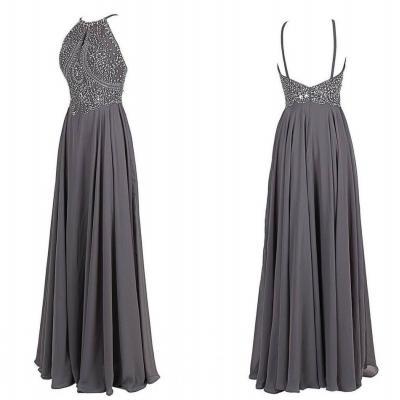 Grey Floor-length Halter Neck Prom Dress with Beaded Bodice