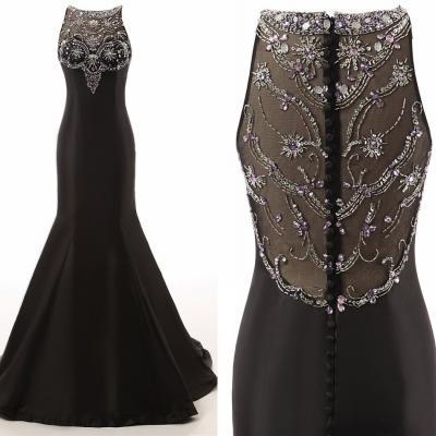 Beautiful 2016 Black Mermaid Crystal Prom Dresses Floor length Sheer Back Neck Satin Fabric Evening Dresses Long Cheap Formal Pageant Prom Dress 2016