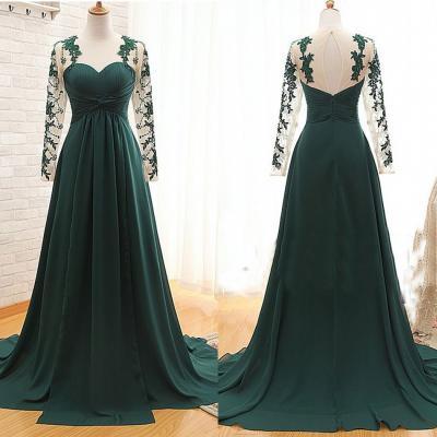2017 Dark Green Sexy Illusion Long Sleeves Mother of the Bride Groom Dresses Cheap Long Chiffon Evening Dress Formal Gowns Custom