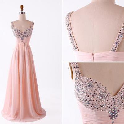 Fashion Blush Pink Empire Summer Prom Dresses 2016 Cheap Long Chiffon Crystals Beaded Pleated Evening Dress Formal Gowns Prom Dress Custom Floor length Backless