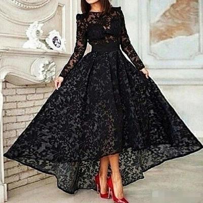 Sexy Black Lace High Low Prom Dresses with Long Sleeves Hi-lo Evening Formal Pageant dress Gowns See Through Evening Gowns 2017 Cheap