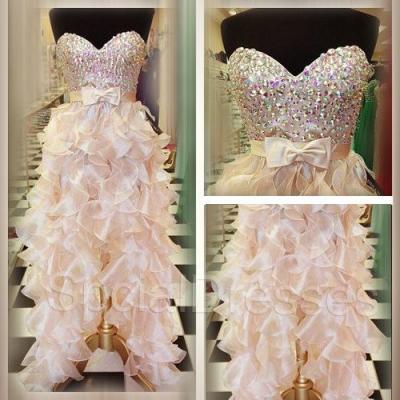 Amazing Ruffles Prom Dresses Pleated Sweetheart Organza Crystal Bling Rhinestones Long Evening Dresses Formal Gowns A line Prom Dresses Cheap