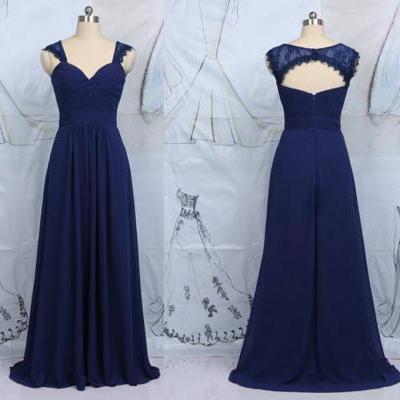 Fashion Navy Blue Lace Bridesmaid Dresses Cap Short Sleeves Chiffon Floor length Prom Evening Dresses Formal Gowns Wedding Party Dresses Backless Prom Dresses 