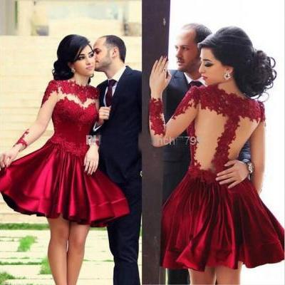 Homecoming Dresses ,Sheer Neck ,Long Sleeve, Beaded ,Appliques,Ball Gown ,Graduation Dresses,Red Cocktial Dresses ,Cheap Wedding Party Dress Prom dresses Gowns