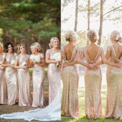 Gold Sequins Bridesmaid Dresses 2016 Backless Scoop Collar Sweep Train Short Sleeve Cheap Sparkly Formal Prom Gowns Evening Dress Wedding,Bridesmaid Dresses Backless,Short Sleeve Bridesmaid Dress