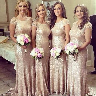 Short Sleeve 2016 Gold Sequins Bridesmaid Dresses Scoop Collar Court Train Beaded Sequins Long Formal Prom Gowns Evening Wear Dress Wedding