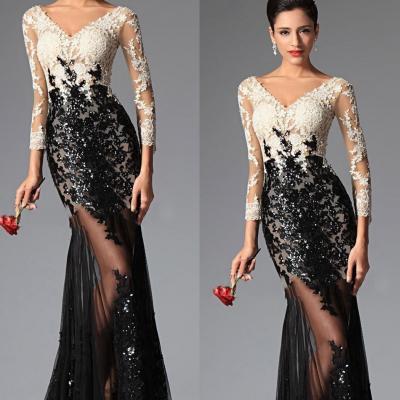 Long Sleeve Evening Dresses 2016 V-Neck Floor-Length Illusiom Appliques Sequins Beaded Evening Wear Dress Vestidos Party Formal Prom Gowns