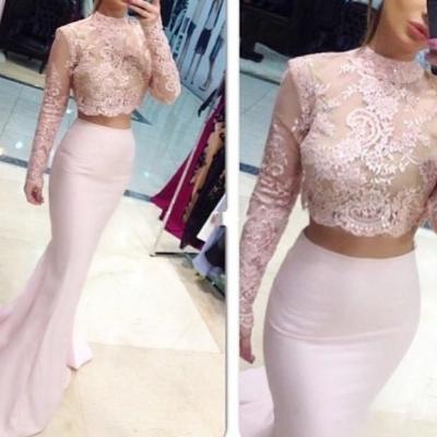 Two Pieces Long Sleeve Evening Dresses 2017 Jewel Collar Sweep Train Beaded Sequins Evening Wear Dress Vestidos For Party Formal Prom Gowns