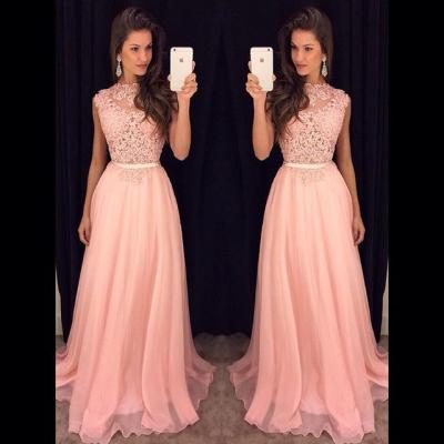 Sash Pink Evening Wear Dress 2017 Appliques Sequins Evening Dresses Sweep Train Piping Pleats Sheer Neck Vestidos Party Formal Prom Dress