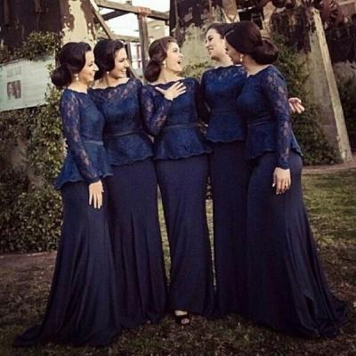 Dark Navy Bridesmaid Dresses 2017 Scoop Collar Long Sleeve Lace Sweep Train Sash Piping Formal Prom Gowns Evening Wear Gown Wedding Dress