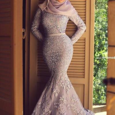 Muslim Evening Dresses Long Sleeve Lace 2016 Chapel Train 3D-Floral Appliques Vestidos Evening Wear Dress Sequins For Party Formal Prom Gowns