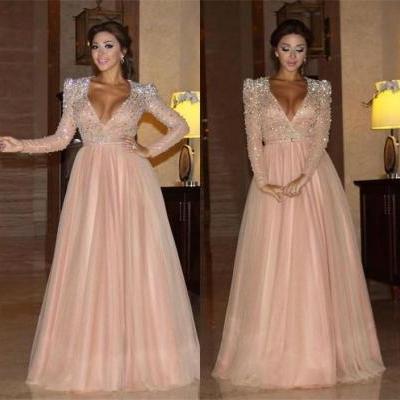 2017 Arabic Myriam Fares Evening Dresses Deep V-Neck Sash Rhinestones New Sparkly Long Sleeves Evening Wear Dress For Party Formal Prom Gowns
