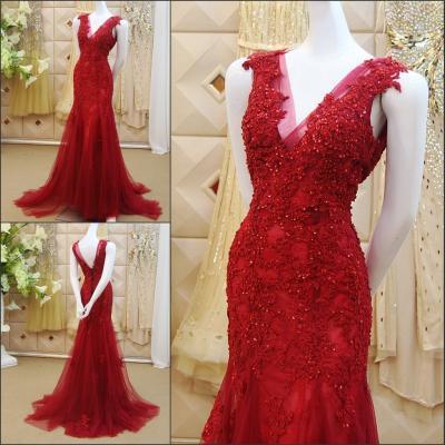 3D-Floral Appliques Chinese Red Mermaid Wedding Dresses Beading 2017 V-Neck Sweep Train Backless Beaded Sequins Tulle Vestidos Bridal Gowns
