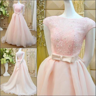 Pink A-Line Wedding Dresses Beaded 3D-Floral Appliques Bow Sash Chapel Train Piping Beading Short Sleeve Wedding Dress Bridal Gown Vestido