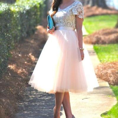 Cheap Graduation Dresses Light Pink 2017 Tea-Length Lace Graduation Dress Short Sleeve Banquet Prom Cocktail Gown Formal Homecoming Gowns