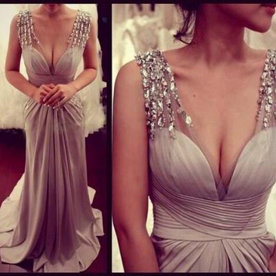 Sexy 2016 Evening Dresses Deep V-Neck Beaded Crystal Open Back A-Line Satin Cheap Open Back Sweep Train Prom Dress Gowns Cheap Custom 