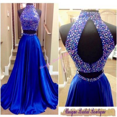 2016 Royal Blue Side Split Prom Dresses 11330 High neck Two Pieces Evening Formal pageant Dress Gowns Custom A line 