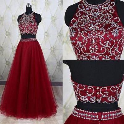 2016 Wine Red New 2 Piece Prom Dresses With Sheer Neckline Hollow back Crystal Sequined Bling Beaded Tulle A line Evening Formal Dress Gown Custom 2016