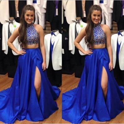 Luxury Crystals Rhinestones High Neck Royal Blue Prom Dresses Two Piece Side Splits A line Satin Backless Long Cheap Evening Dress Formal Pageant Dress Gowns New 