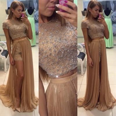 Gold 2016 Two Piece Prom Dresses with Short Sleeves Bling Beaded Sequins Pleated Floor length Long Cheap Evening Formal Dress Gown 