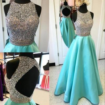 Modest Aqua Evening Dresses with Sheer Neckline Jewel A line Satin See Through Hollow Back Designer Sequin Beading Prom Dresses Long Cheap Pageant Formal Gowns 