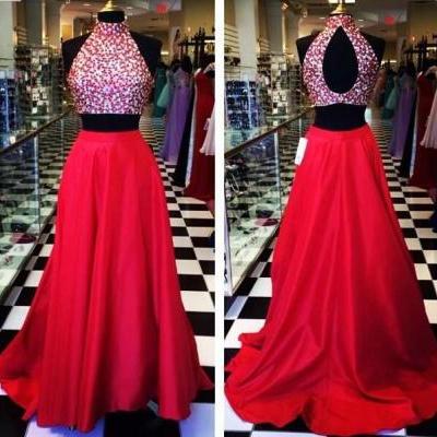 Stunning Red Evening Dresses Two Pieces Cheap High neck A line Satin Backless 2 Piece Prom Dresses Formal Gowns Pageant Dress 2016 Custom