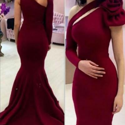 Burdundy Mermaid Evening Dresses 2017 One Shoulder Evening Dress Design Vestido Celebrity Evening Prom Gowns Formal Party gown Sweep Train