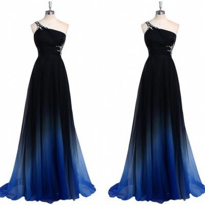 Chiffon Gradient Ombre Dresses One Shoulder Prom Dress Evening Wear Elegant Formal Party Gown Sweep Train Piping Pleats New Celebrity Gowns