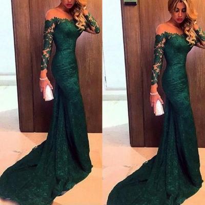 2018 Dark Green Evening Dresses Mermaid Off The Shoulder Sheer Long Sleeve Lace Prom Dresses Long Speical Occasion Dress For Women