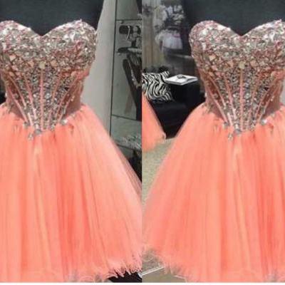Crystal Bodice Sweetheart Corset See Through Prom dresses ,A line ,Tulle , Rhinestones , Short Prom Dresses 2016, New , Sexy , 162